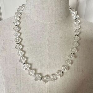 Clear beaded silver tone vintage long necklace